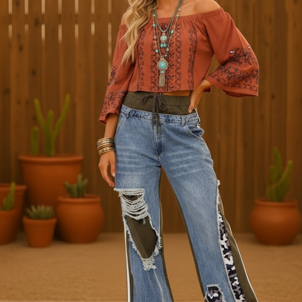 Boho Elastic Waist Pockets Wide-Leg Camo Print Denim Pants